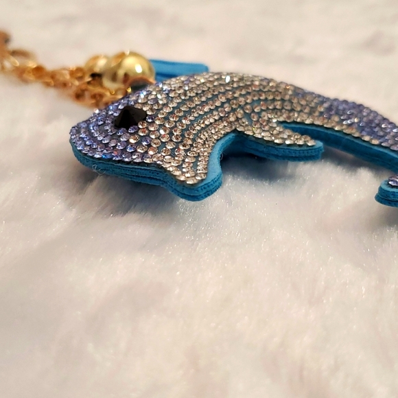 DOLPHIN blue and clear rhinestones goldtone tassel key chain id luggage tag car - Picture 4 of 6